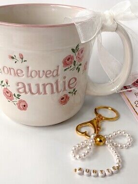 One Loved Auntie Pink Floral Ceramic Coffee Mug And Keychain